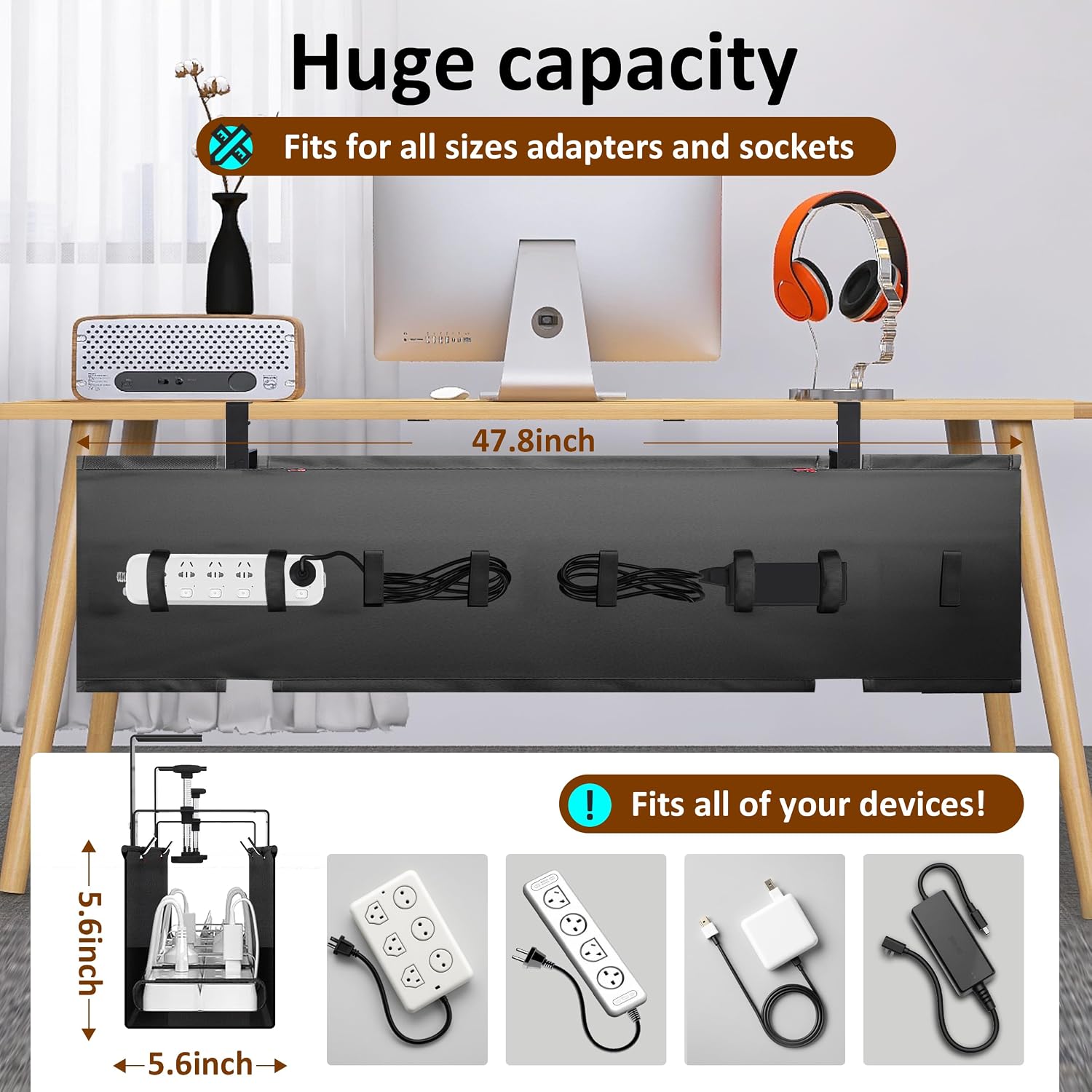 48-inch Black Under Desk Cable Management Tray