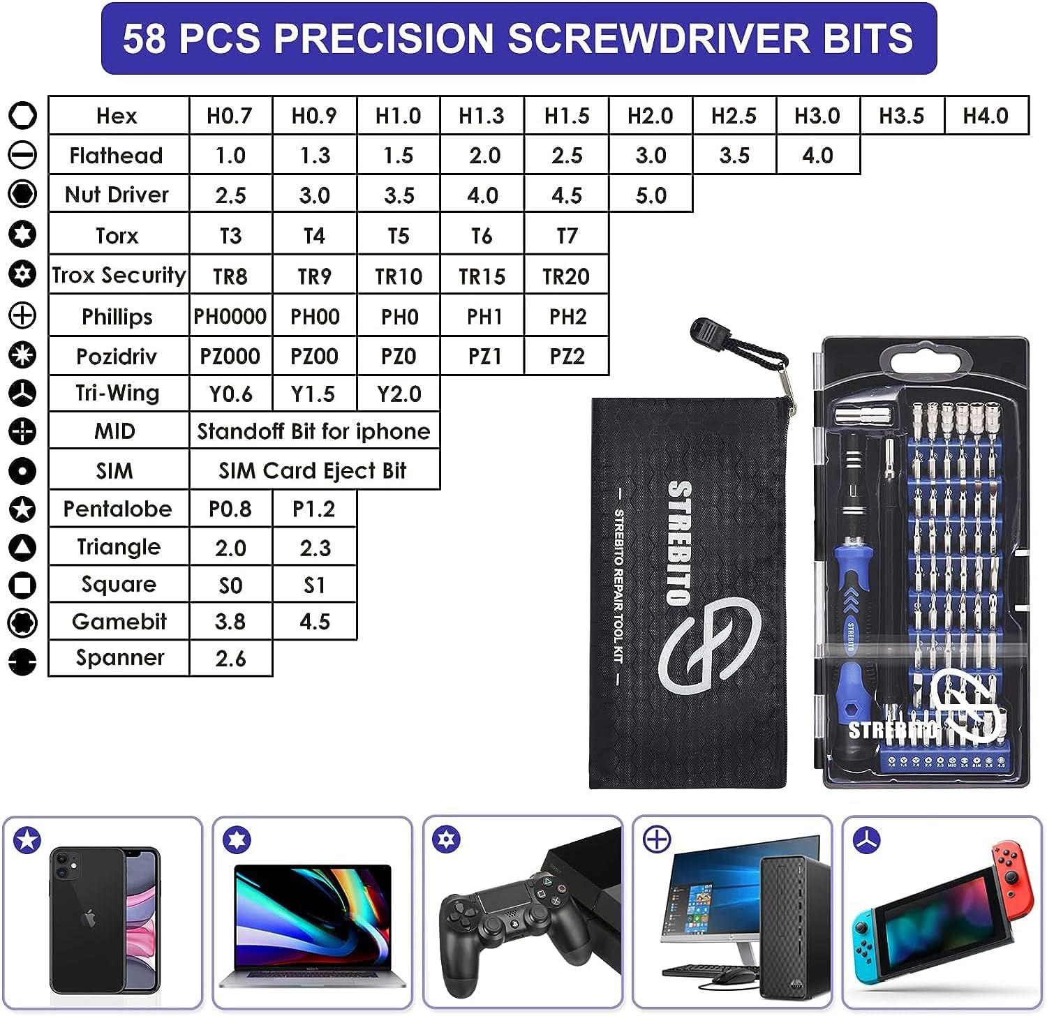 STREBITO 79-in-1 Computer Screwdriver Kit, Anti-Static Strap & 58 Magnetic Bits