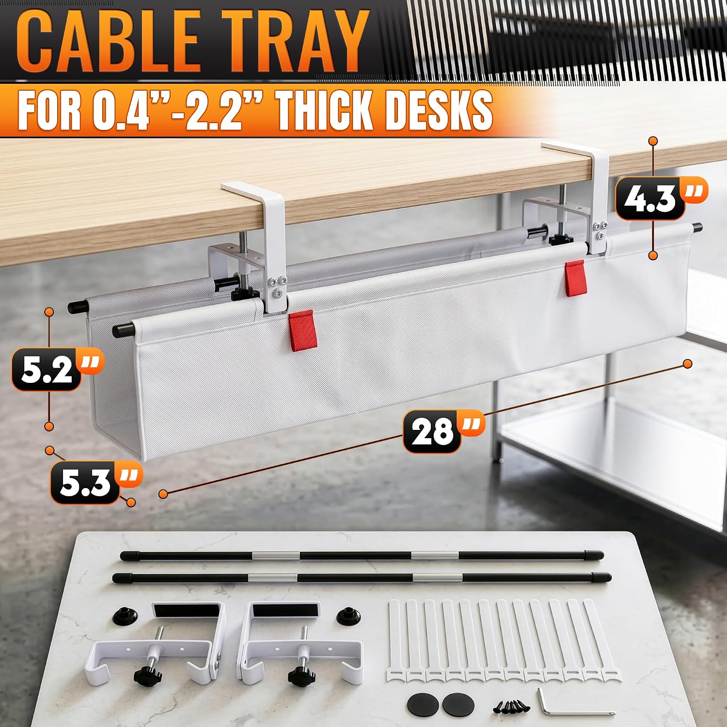 28" Clamp-On Under Desk Cable Tray with Built-in Ties, White