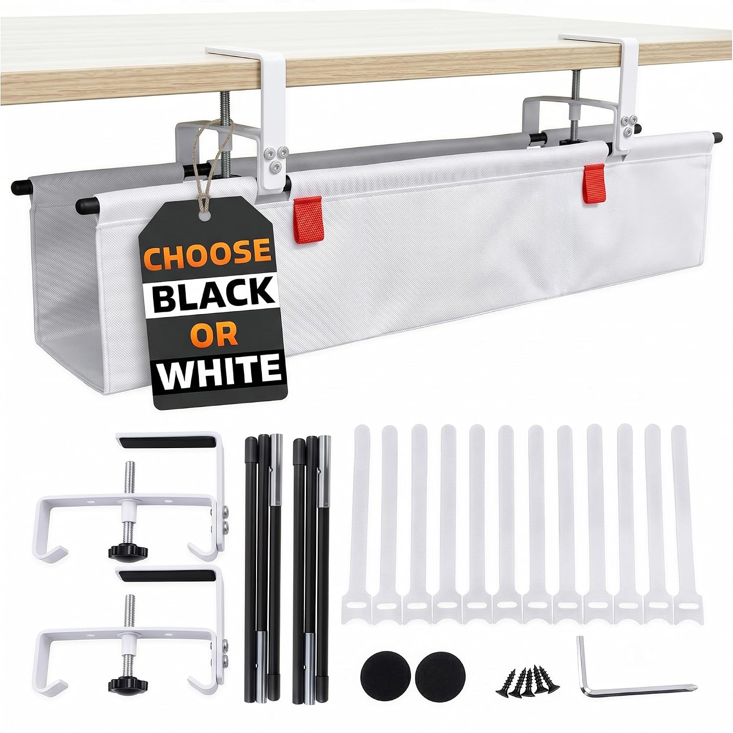 28" Clamp-On Under Desk Cable Tray with Built-in Ties, White